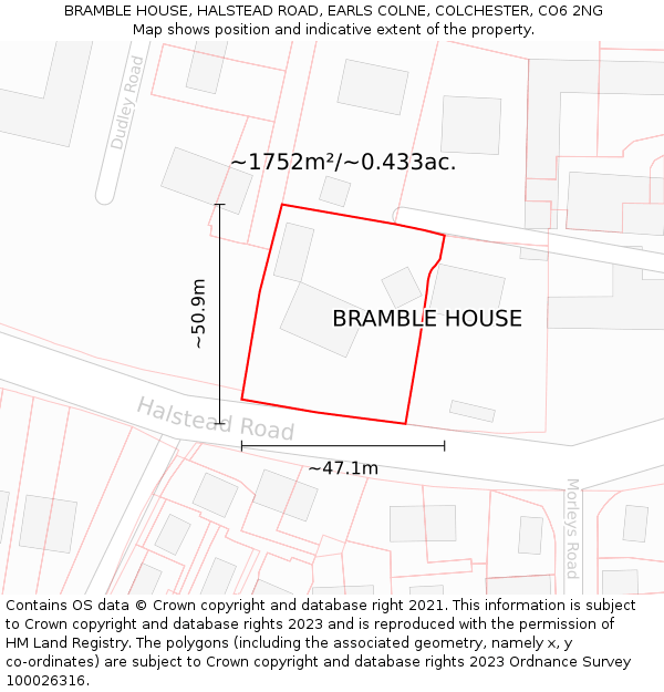 BRAMBLE HOUSE, HALSTEAD ROAD, EARLS COLNE, COLCHESTER, CO6 2NG: Plot and title map