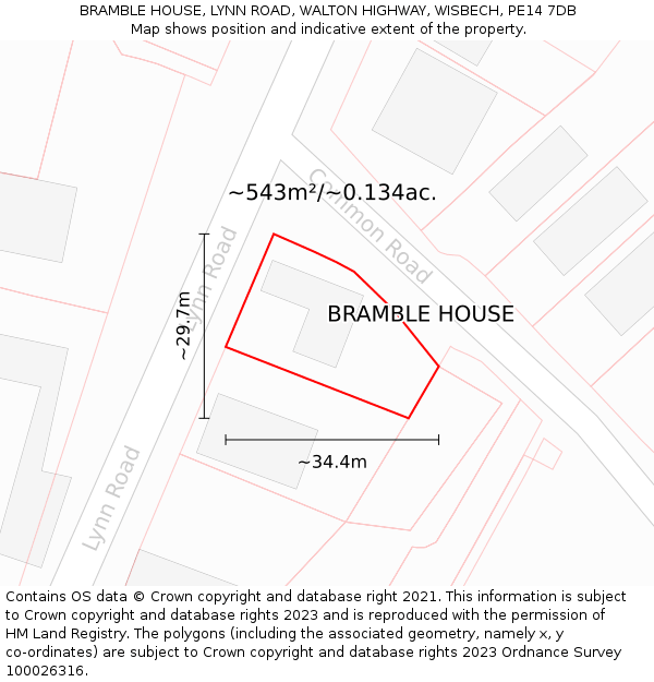 BRAMBLE HOUSE, LYNN ROAD, WALTON HIGHWAY, WISBECH, PE14 7DB: Plot and title map