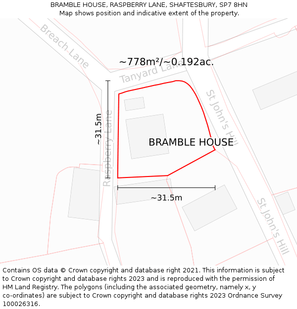 BRAMBLE HOUSE, RASPBERRY LANE, SHAFTESBURY, SP7 8HN: Plot and title map