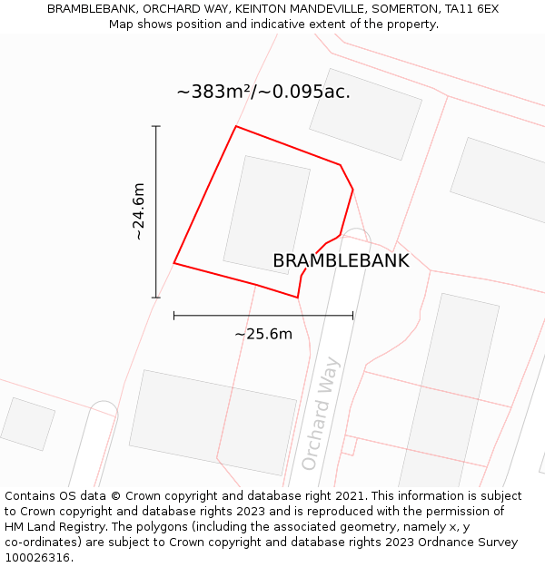 BRAMBLEBANK, ORCHARD WAY, KEINTON MANDEVILLE, SOMERTON, TA11 6EX: Plot and title map