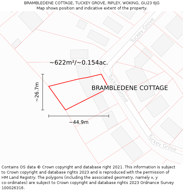 BRAMBLEDENE COTTAGE, TUCKEY GROVE, RIPLEY, WOKING, GU23 6JG: Plot and title map