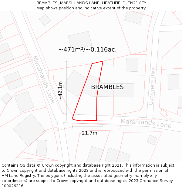 BRAMBLES, MARSHLANDS LANE, HEATHFIELD, TN21 8EY: Plot and title map