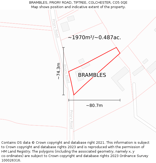 BRAMBLES, PRIORY ROAD, TIPTREE, COLCHESTER, CO5 0QE: Plot and title map