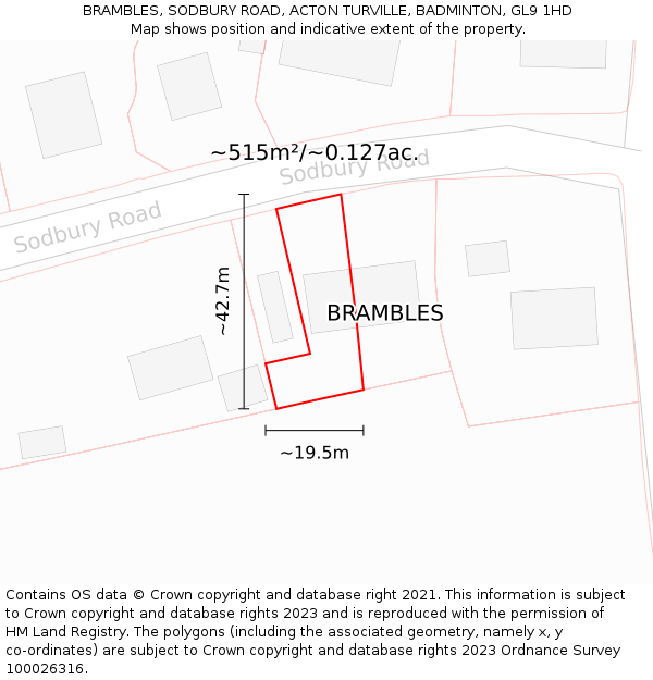 BRAMBLES, SODBURY ROAD, ACTON TURVILLE, BADMINTON, GL9 1HD: Plot and title map