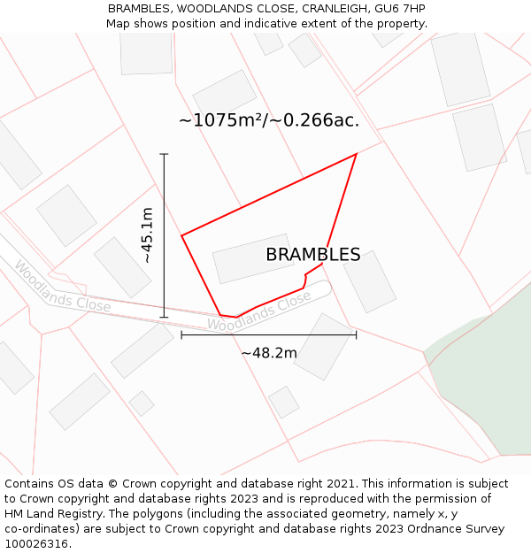 BRAMBLES, WOODLANDS CLOSE, CRANLEIGH, GU6 7HP: Plot and title map