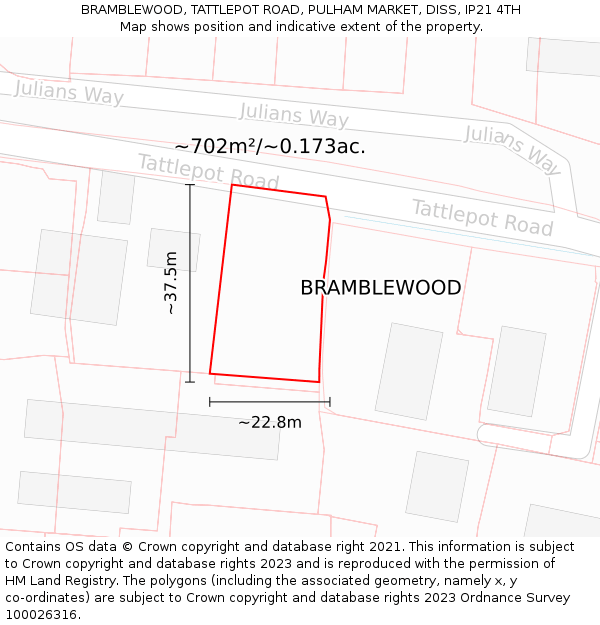 BRAMBLEWOOD, TATTLEPOT ROAD, PULHAM MARKET, DISS, IP21 4TH: Plot and title map