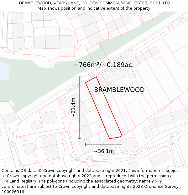 BRAMBLEWOOD, VEARS LANE, COLDEN COMMON, WINCHESTER, SO21 1TQ: Plot and title map