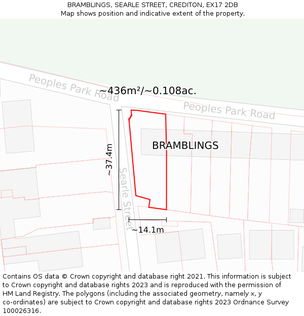 BRAMBLINGS, SEARLE STREET, CREDITON, EX17 2DB: Plot and title map