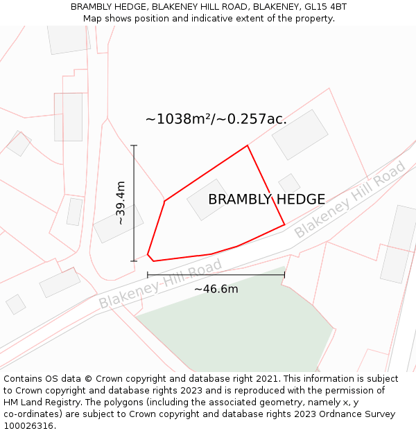 BRAMBLY HEDGE, BLAKENEY HILL ROAD, BLAKENEY, GL15 4BT: Plot and title map