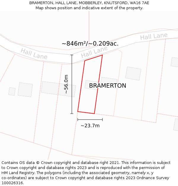 BRAMERTON, HALL LANE, MOBBERLEY, KNUTSFORD, WA16 7AE: Plot and title map