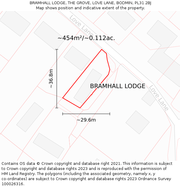 BRAMHALL LODGE, THE GROVE, LOVE LANE, BODMIN, PL31 2BJ: Plot and title map