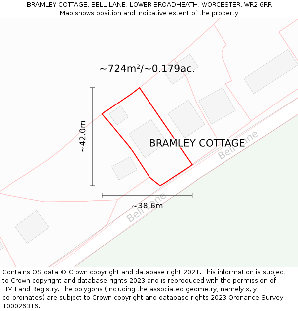 BRAMLEY COTTAGE, BELL LANE, LOWER BROADHEATH, WORCESTER, WR2 6RR: Plot and title map