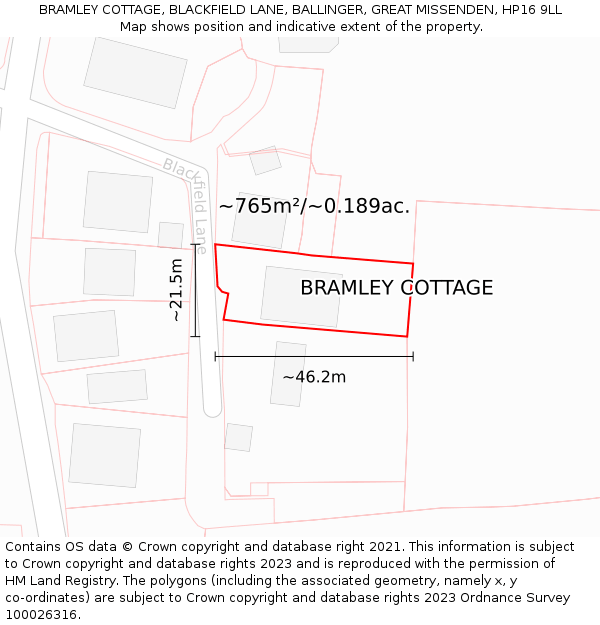 BRAMLEY COTTAGE, BLACKFIELD LANE, BALLINGER, GREAT MISSENDEN, HP16 9LL: Plot and title map