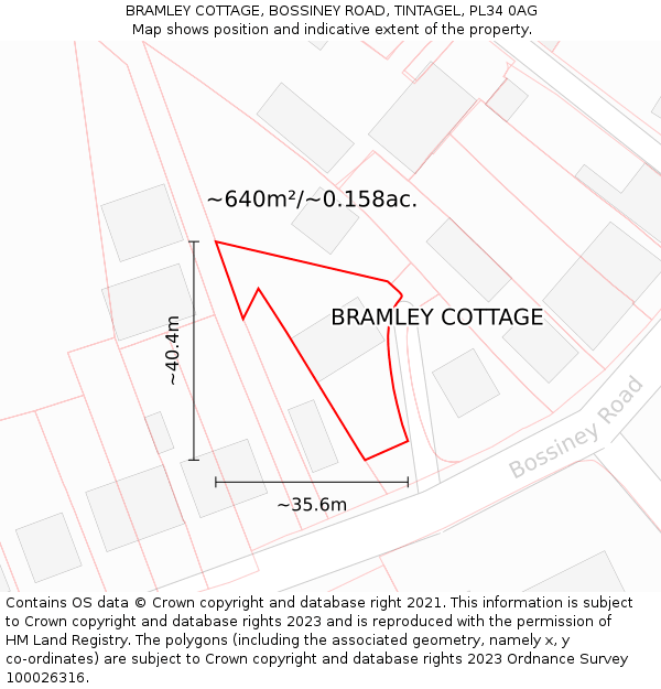 BRAMLEY COTTAGE, BOSSINEY ROAD, TINTAGEL, PL34 0AG: Plot and title map