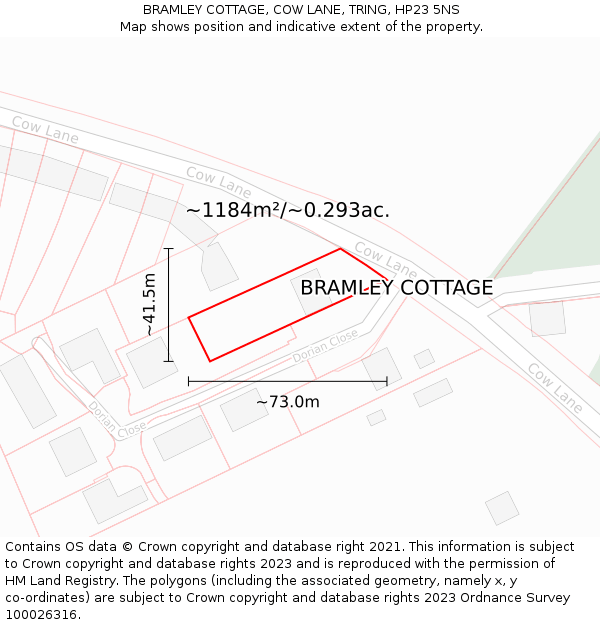 BRAMLEY COTTAGE, COW LANE, TRING, HP23 5NS: Plot and title map
