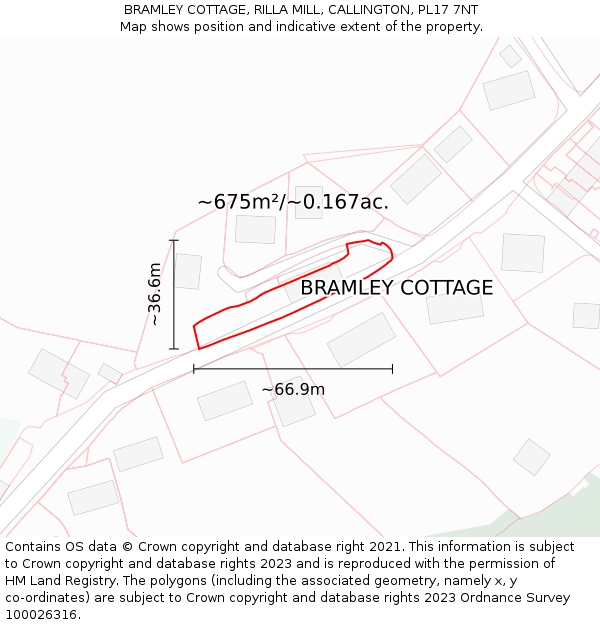 BRAMLEY COTTAGE, RILLA MILL, CALLINGTON, PL17 7NT: Plot and title map