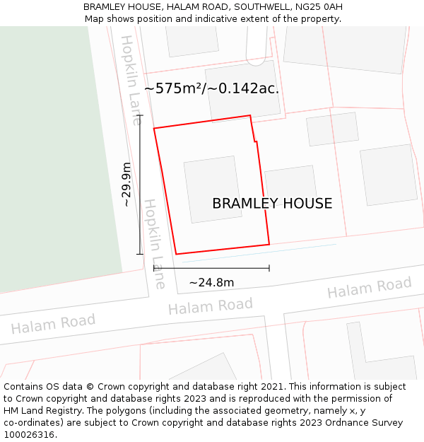 BRAMLEY HOUSE, HALAM ROAD, SOUTHWELL, NG25 0AH: Plot and title map