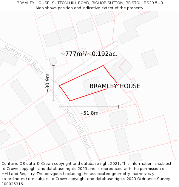 BRAMLEY HOUSE, SUTTON HILL ROAD, BISHOP SUTTON, BRISTOL, BS39 5UR: Plot and title map