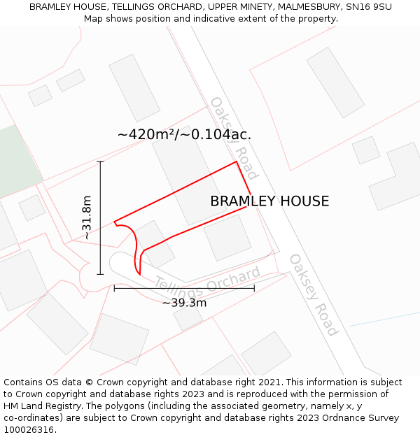 BRAMLEY HOUSE, TELLINGS ORCHARD, UPPER MINETY, MALMESBURY, SN16 9SU: Plot and title map