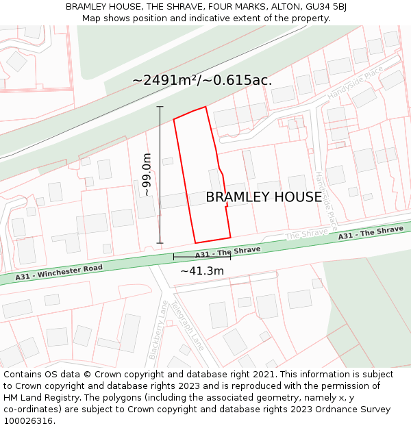 BRAMLEY HOUSE, THE SHRAVE, FOUR MARKS, ALTON, GU34 5BJ: Plot and title map
