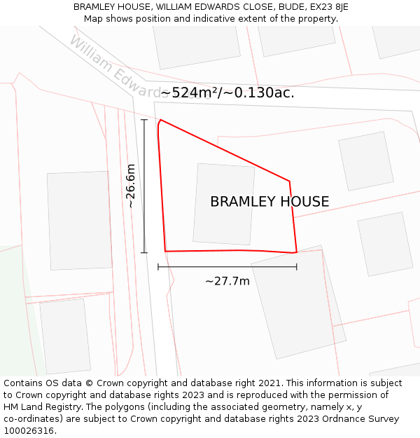 BRAMLEY HOUSE, WILLIAM EDWARDS CLOSE, BUDE, EX23 8JE: Plot and title map