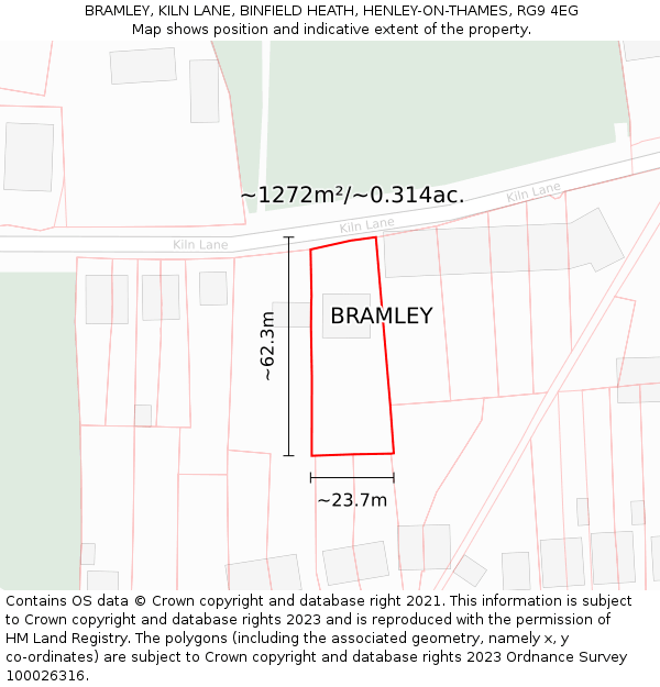 BRAMLEY, KILN LANE, BINFIELD HEATH, HENLEY-ON-THAMES, RG9 4EG: Plot and title map