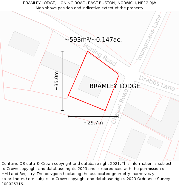 BRAMLEY LODGE, HONING ROAD, EAST RUSTON, NORWICH, NR12 9JW: Plot and title map