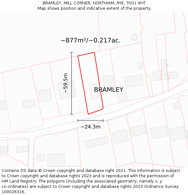 BRAMLEY, MILL CORNER, NORTHIAM, RYE, TN31 6HT: Plot and title map