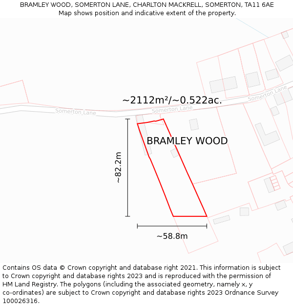 BRAMLEY WOOD, SOMERTON LANE, CHARLTON MACKRELL, SOMERTON, TA11 6AE: Plot and title map