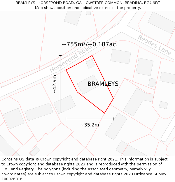 BRAMLEYS, HORSEPOND ROAD, GALLOWSTREE COMMON, READING, RG4 9BT: Plot and title map