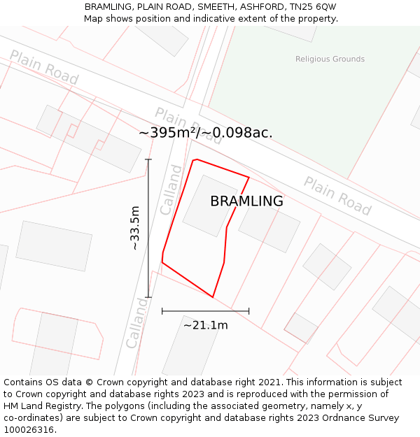 BRAMLING, PLAIN ROAD, SMEETH, ASHFORD, TN25 6QW: Plot and title map