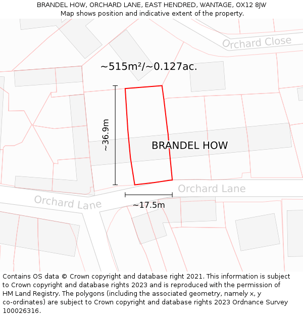 BRANDEL HOW, ORCHARD LANE, EAST HENDRED, WANTAGE, OX12 8JW: Plot and title map