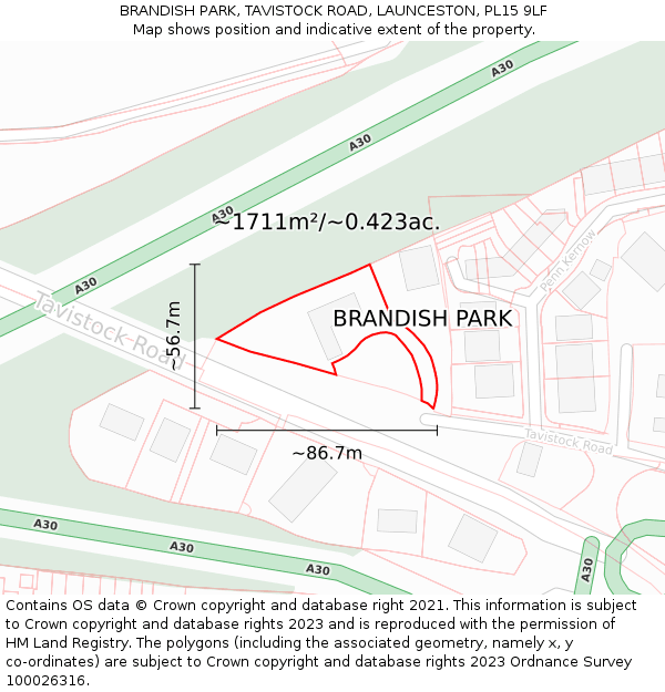 BRANDISH PARK, TAVISTOCK ROAD, LAUNCESTON, PL15 9LF: Plot and title map