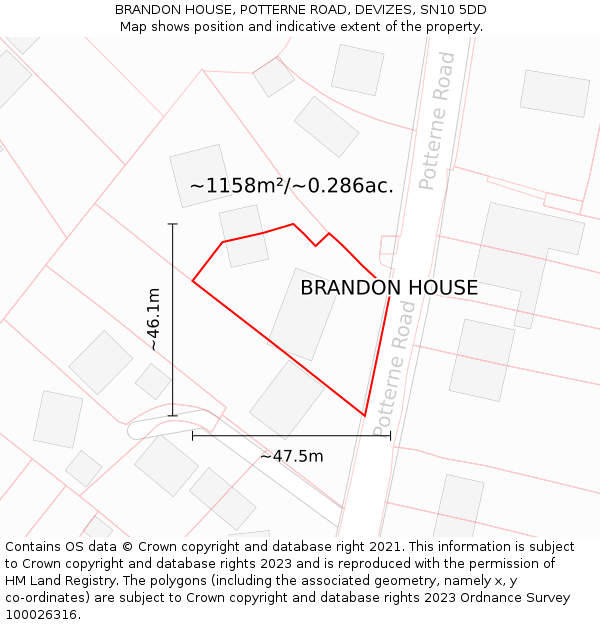 BRANDON HOUSE, POTTERNE ROAD, DEVIZES, SN10 5DD: Plot and title map