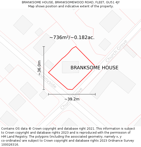 BRANKSOME HOUSE, BRANKSOMEWOOD ROAD, FLEET, GU51 4JY: Plot and title map