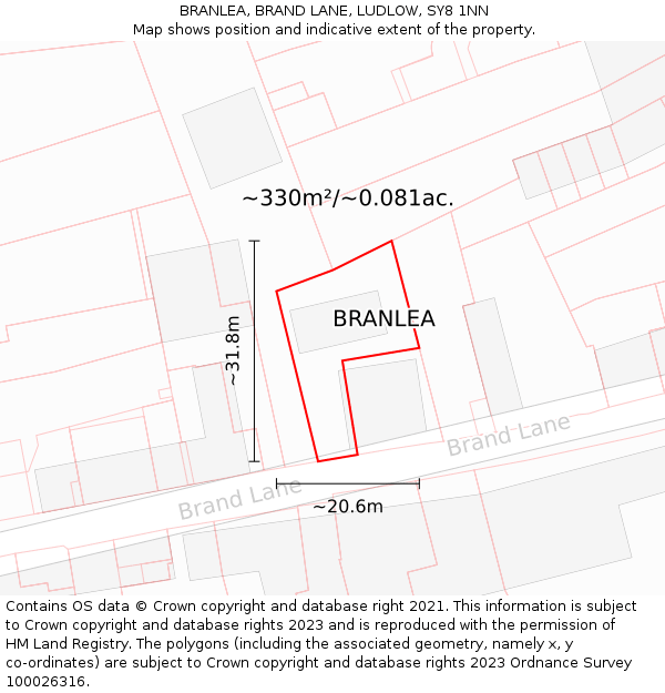 BRANLEA, BRAND LANE, LUDLOW, SY8 1NN: Plot and title map