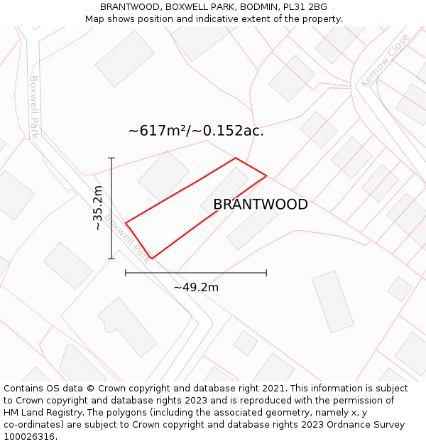 BRANTWOOD, BOXWELL PARK, BODMIN, PL31 2BG: Plot and title map