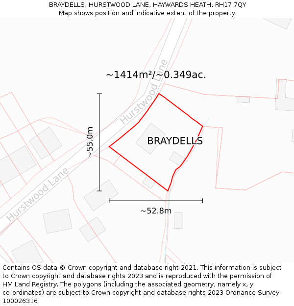 BRAYDELLS, HURSTWOOD LANE, HAYWARDS HEATH, RH17 7QY: Plot and title map