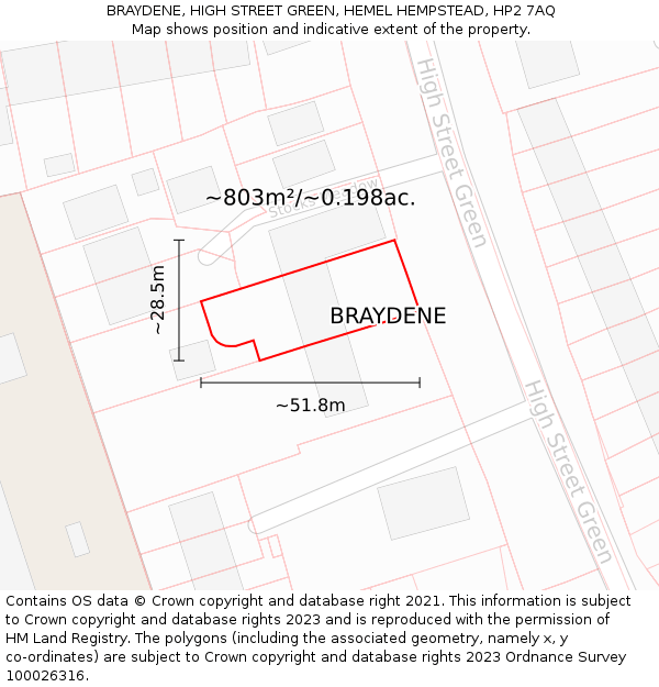 BRAYDENE, HIGH STREET GREEN, HEMEL HEMPSTEAD, HP2 7AQ: Plot and title map