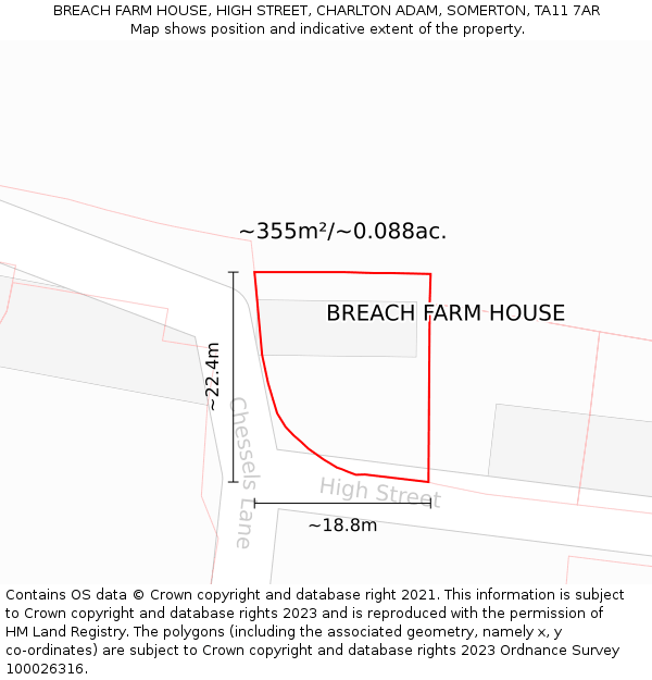 BREACH FARM HOUSE, HIGH STREET, CHARLTON ADAM, SOMERTON, TA11 7AR: Plot and title map