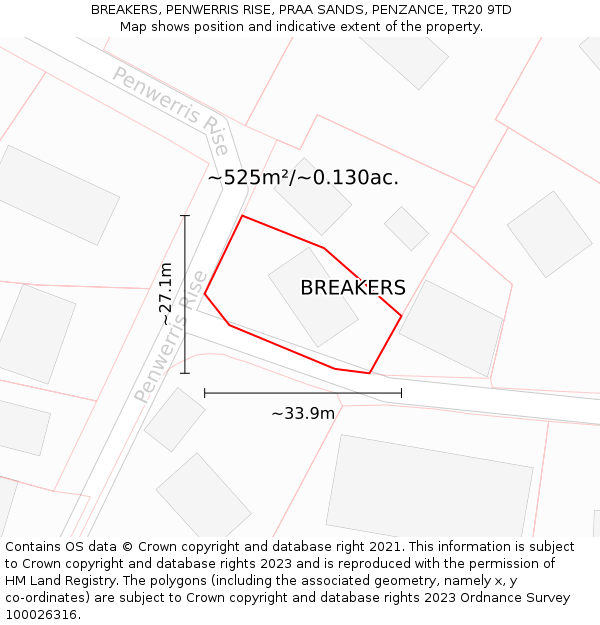 BREAKERS, PENWERRIS RISE, PRAA SANDS, PENZANCE, TR20 9TD: Plot and title map