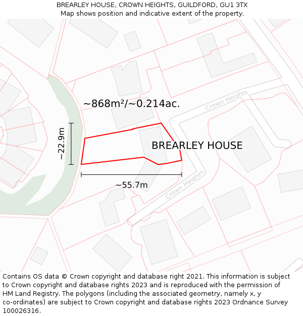 BREARLEY HOUSE, CROWN HEIGHTS, GUILDFORD, GU1 3TX: Plot and title map