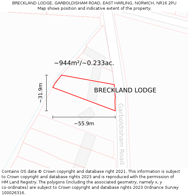 BRECKLAND LODGE, GARBOLDISHAM ROAD, EAST HARLING, NORWICH, NR16 2PU: Plot and title map
