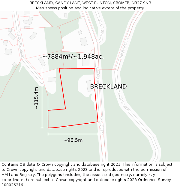 BRECKLAND, SANDY LANE, WEST RUNTON, CROMER, NR27 9NB: Plot and title map