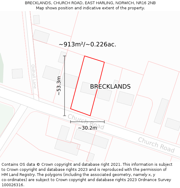 BRECKLANDS, CHURCH ROAD, EAST HARLING, NORWICH, NR16 2NB: Plot and title map