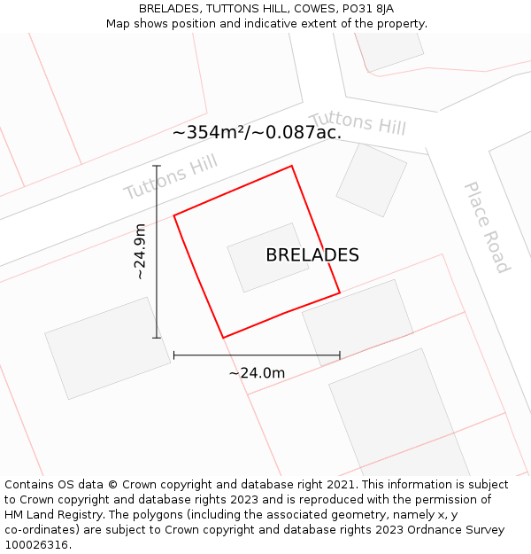 BRELADES, TUTTONS HILL, COWES, PO31 8JA: Plot and title map