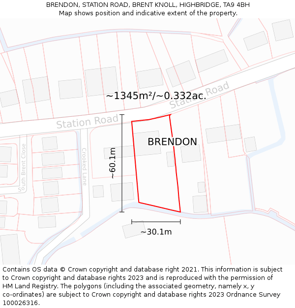 BRENDON, STATION ROAD, BRENT KNOLL, HIGHBRIDGE, TA9 4BH: Plot and title map