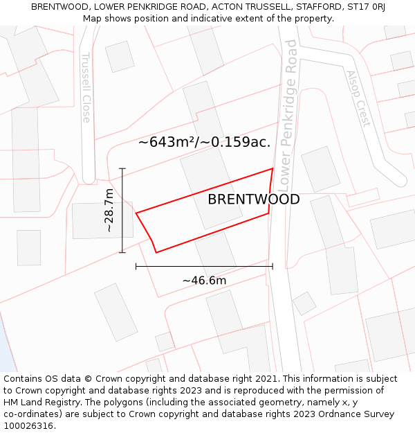 BRENTWOOD, LOWER PENKRIDGE ROAD, ACTON TRUSSELL, STAFFORD, ST17 0RJ: Plot and title map