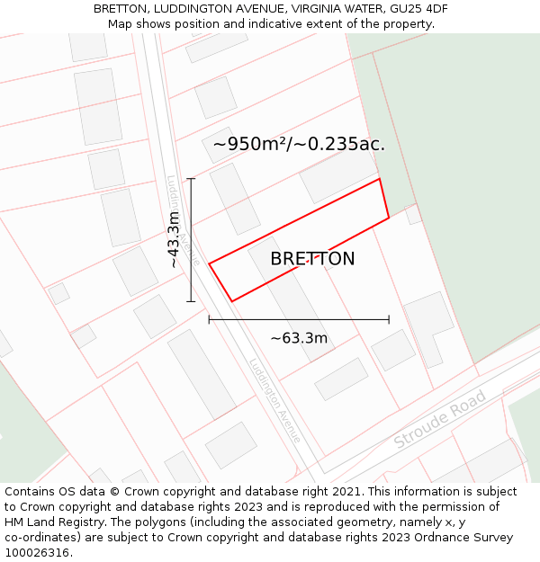 BRETTON, LUDDINGTON AVENUE, VIRGINIA WATER, GU25 4DF: Plot and title map