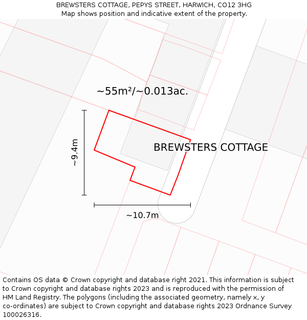 BREWSTERS COTTAGE, PEPYS STREET, HARWICH, CO12 3HG: Plot and title map
